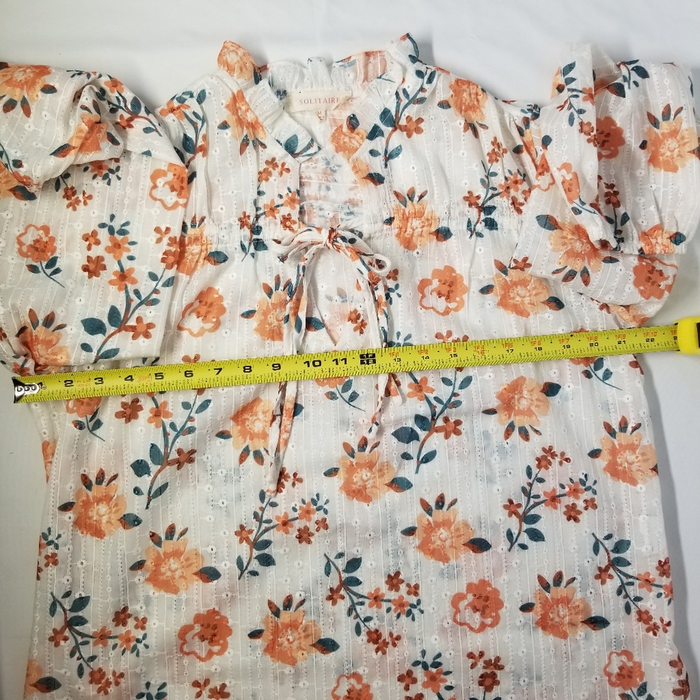 Solitaire Woman Size M Blouse V Neck String Tie Long Sleeve Sheer Floral Pint - Picture 7 of 11
